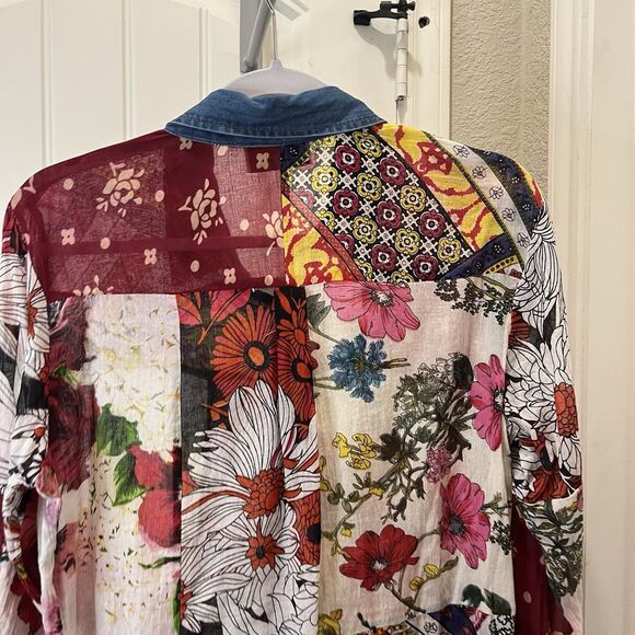 Magazine Floral Sheer Boho Red Blue V Neck Blouse Top Size M Roll Tab Sleeve - Picture 8 of 13